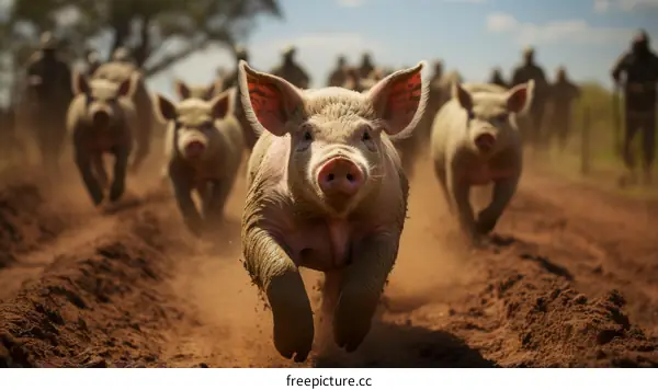 A group of pigs running in a field