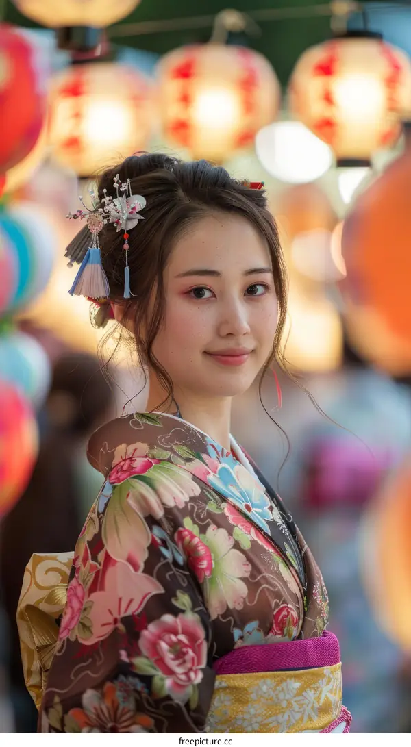 A beautiful Japanese woman wearing a kimono at a festival