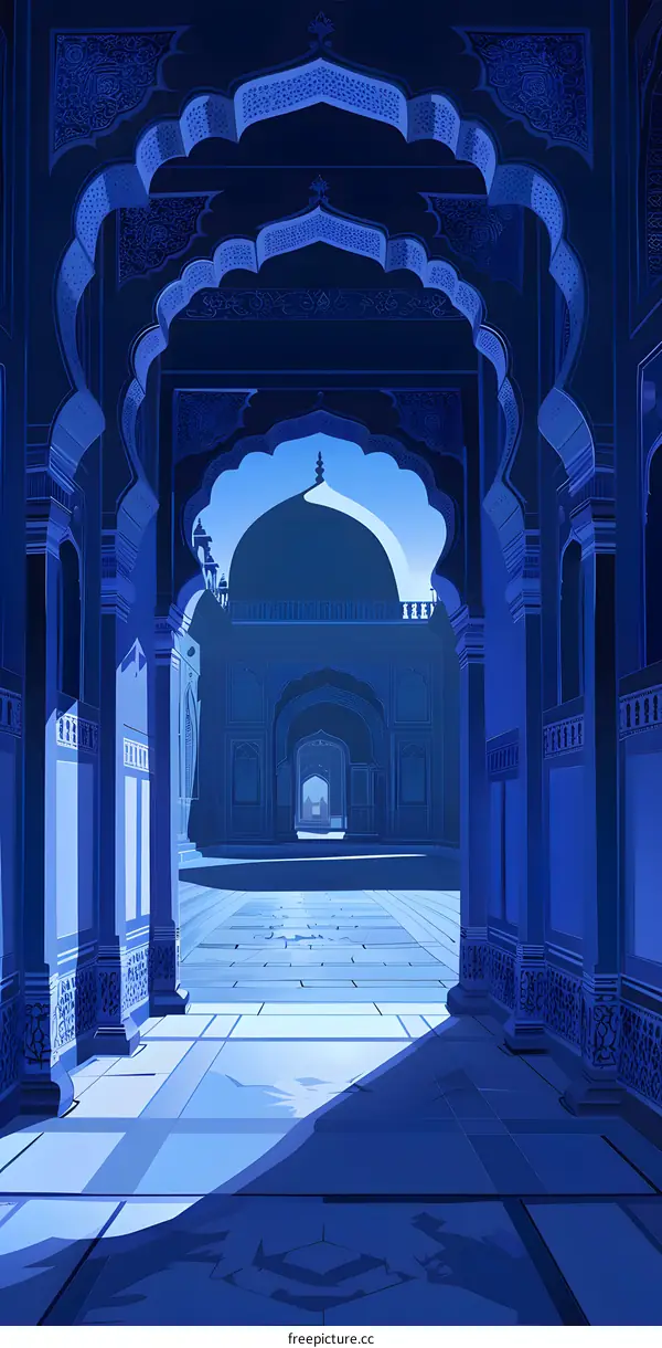 Blue Illustration of Mosque with Archways