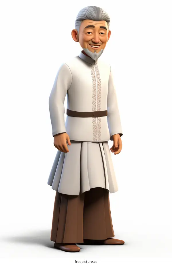 An illustration of an old man in a white tunic and brown pants.