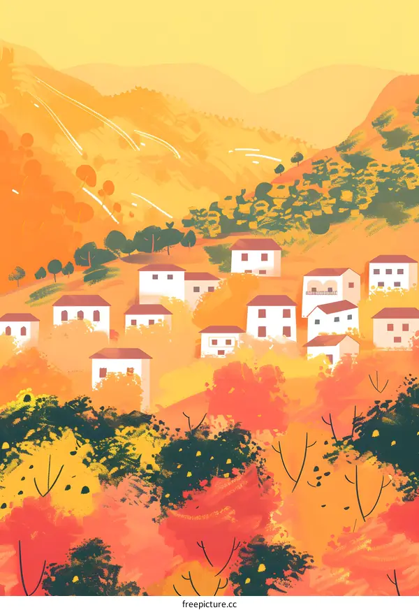 Autumn Village Landscape Illustration