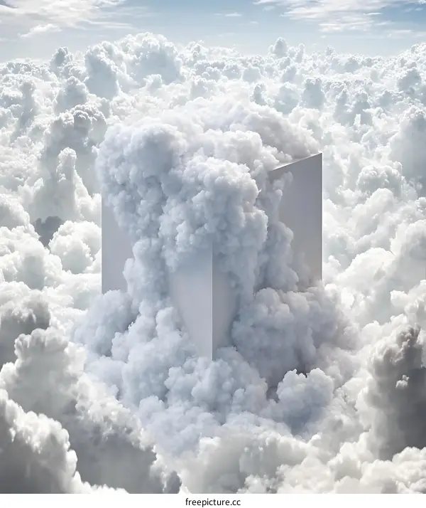 White Cube Emerging from Clouds Abstract 3D Render