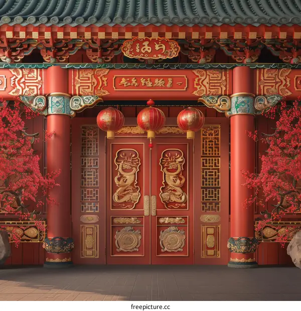 Ornate Red Chinese Gate with Peach Blossom Trees