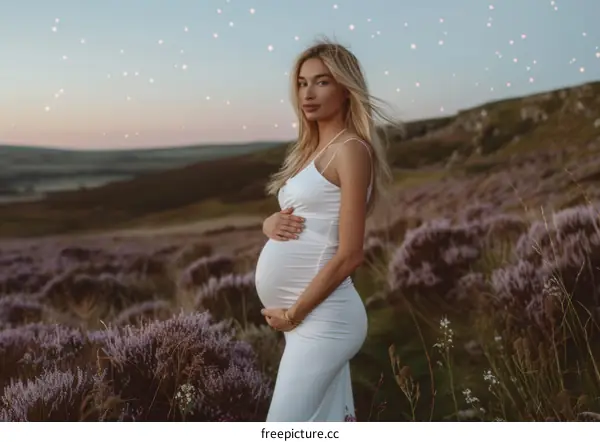Stunning Pregnant Woman In A White Dress In A Field Of Purple Flowers