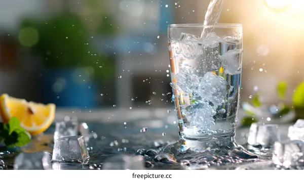 Water being poured into a glass with ice