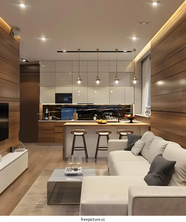 Modern Kitchen and Living Room Interior Design with Wooden Wall Panels