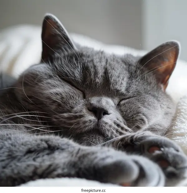 Gray Cat Sleeping Peacefully on a White Blanket
