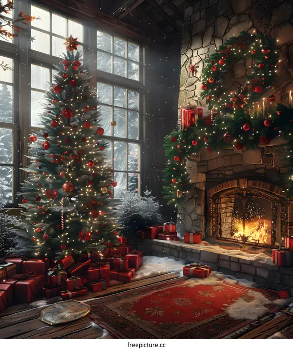 Christmas tree by the fireplace