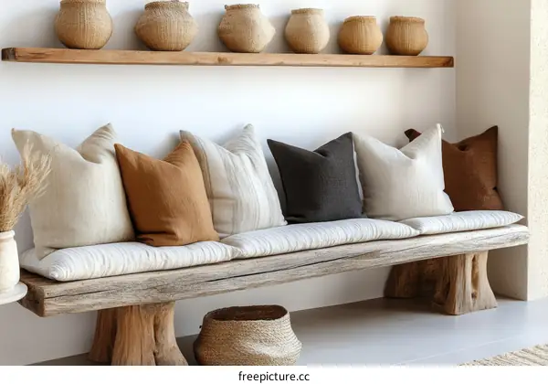Rustic Wooden Bench with Cushions and Baskets