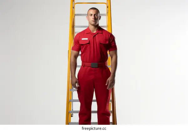 Firefighter in protective gear standing in front of a ladder