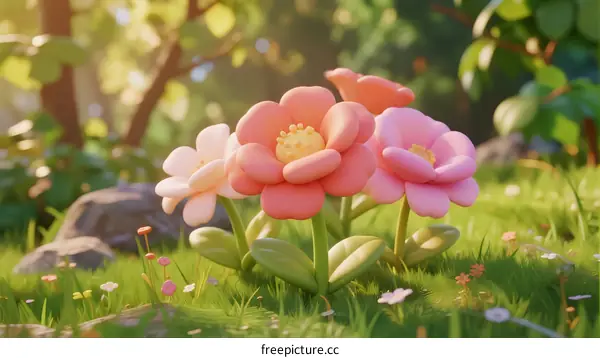 Colorful Cartoon Flowers Blooming in Lush Green Meadow
