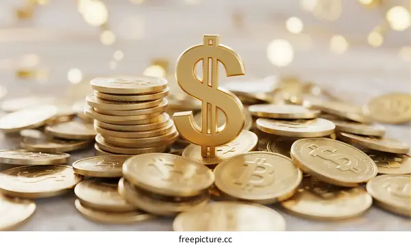 Stack of golden dollar coins with a single dollar symbol on top