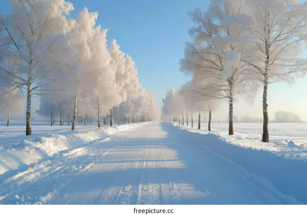The road is covered with snow between the snow-covered trees