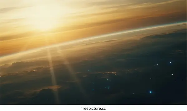 Sunlight Rays Over Earth's Horizon with Cloud Layers