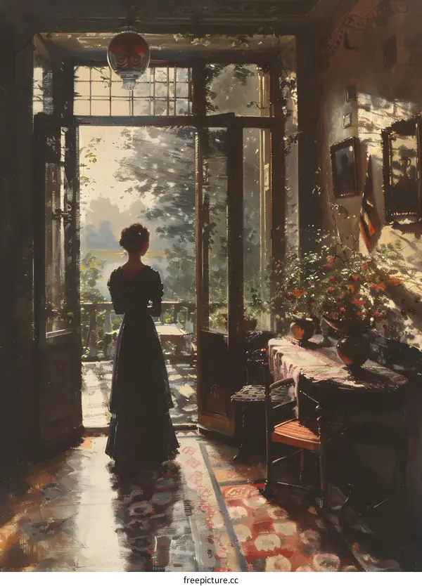 elegant woman in a long black dress standing in the parlor and looking out at the garden