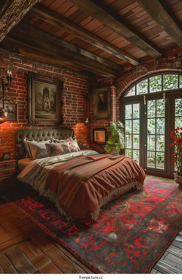 Cozy bedroom with brick walls and wooden beams