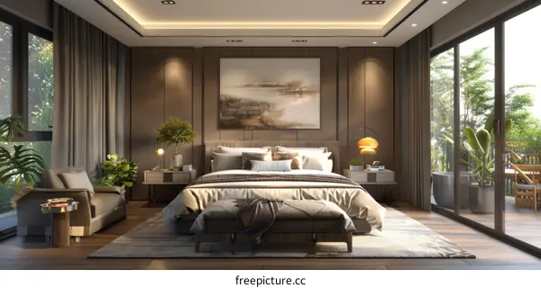 Modern Bedroom with Floor-to-Ceiling Windows and Balcony