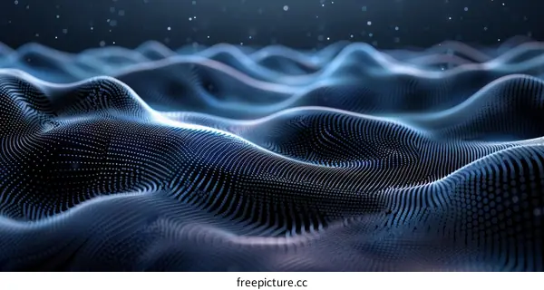 Deep Blue Wavy Digital Landscape with Bright Dots