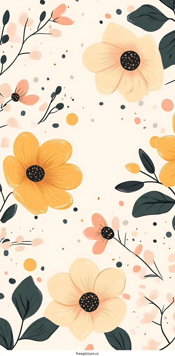 Floral Illustration With Yellow, Pink, And Peach Flowers