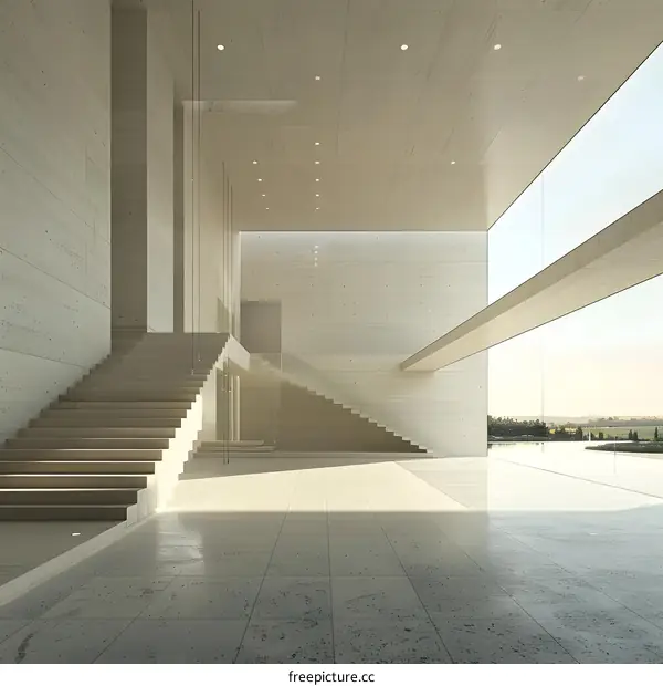 Modern Minimalist House Interior Design With Stairs And Large Windows