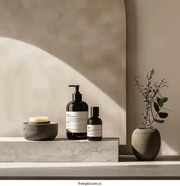 Bath and Body Care Products on Shelf with Plant