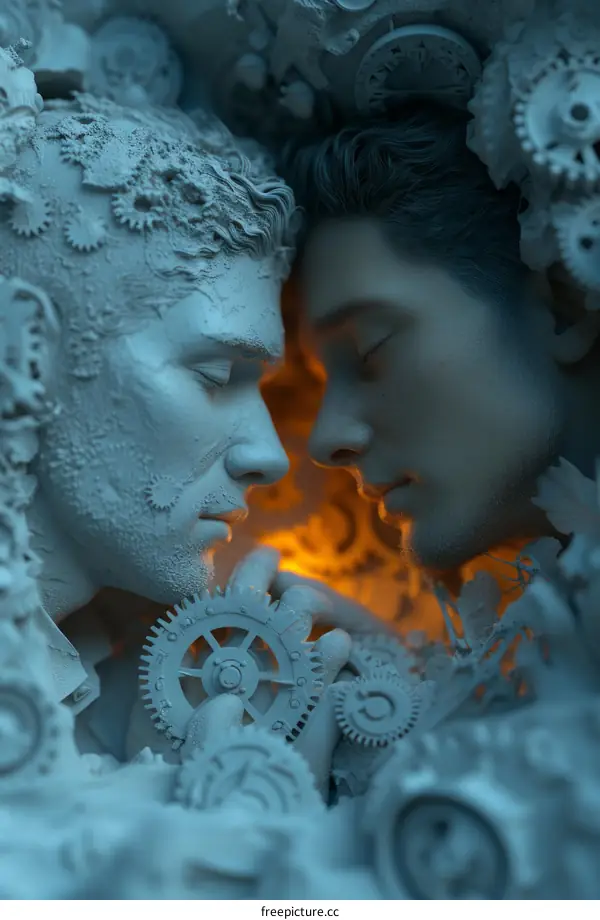 Two male lovers with clockwork gears embedded in their skin