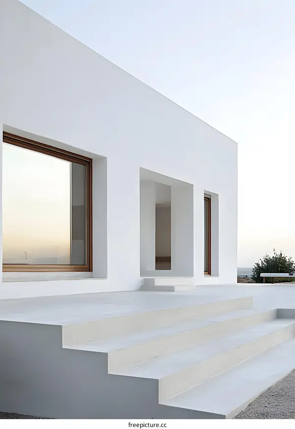 Minimalist Modern House Exterior With White Walls And Concrete Steps
