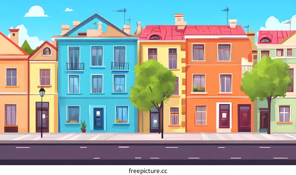 Colorful Cartoon Cityscape Illustration with Row of Houses