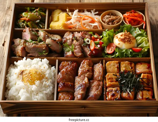 A delicious and healthy bento box with a variety of grilled meats, vegetables, and rice.