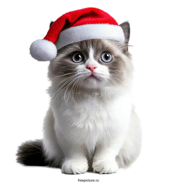 [Transparent Background PNG]Adorable Ragdoll Kitten Wearing Christmas Hat