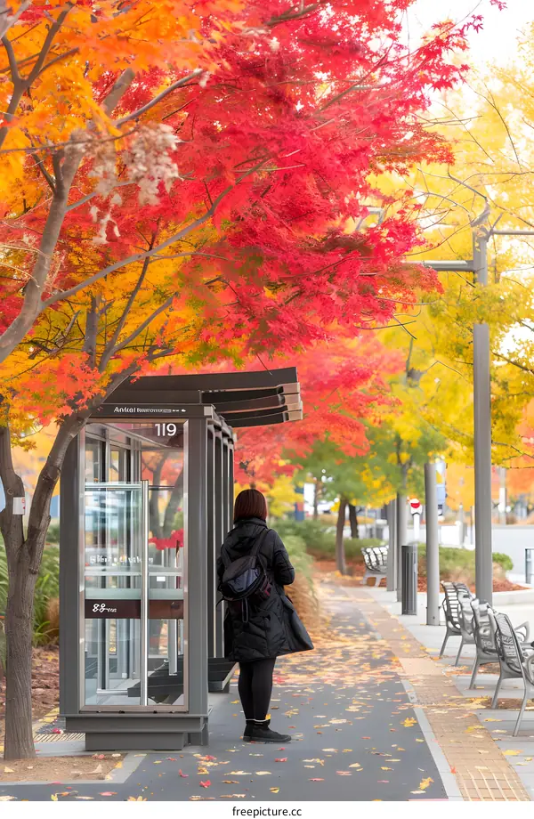 Woman Waiting at Bus Stop Under Autumn Trees