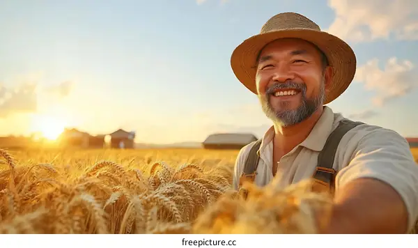 Happy Farmer in a Golden Wheat Field at Sunset