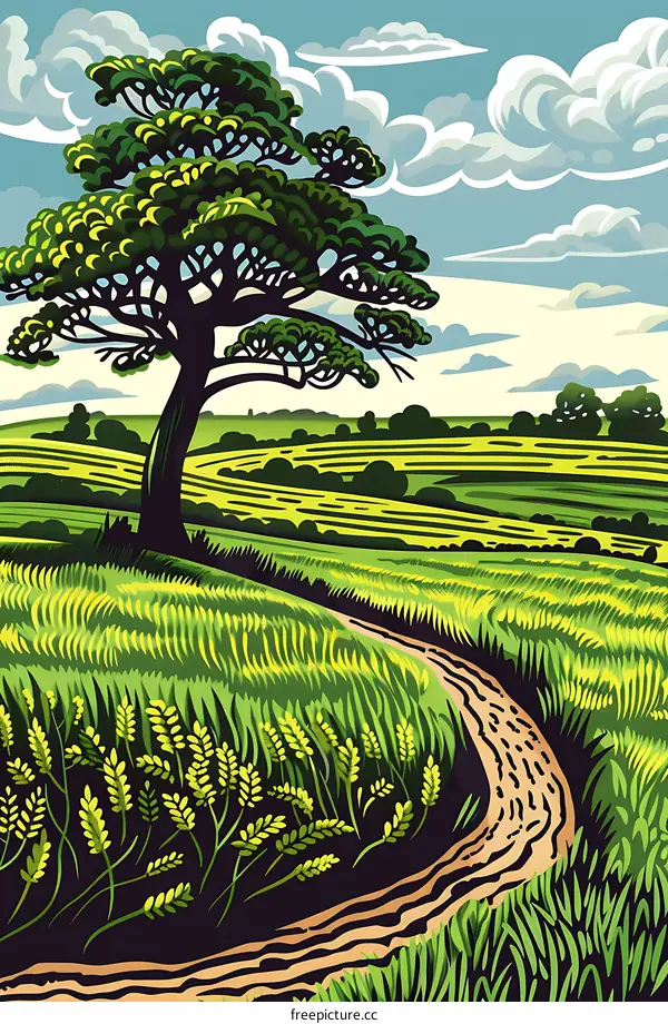 Green Landscape with a Winding Path and a Tree