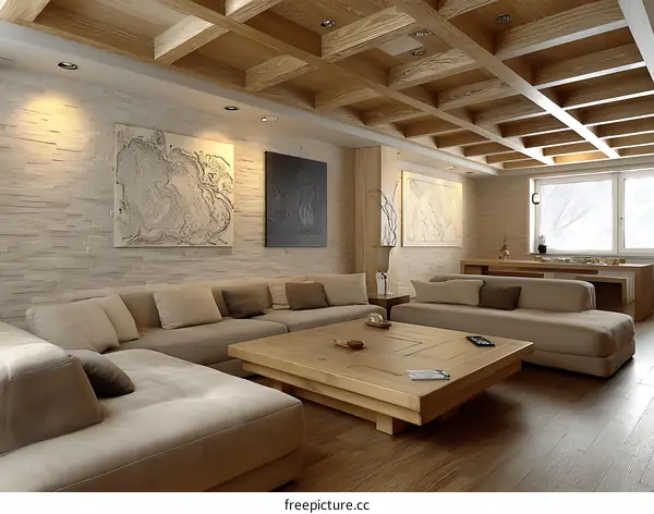 Modern Living Room with Wooden Beams