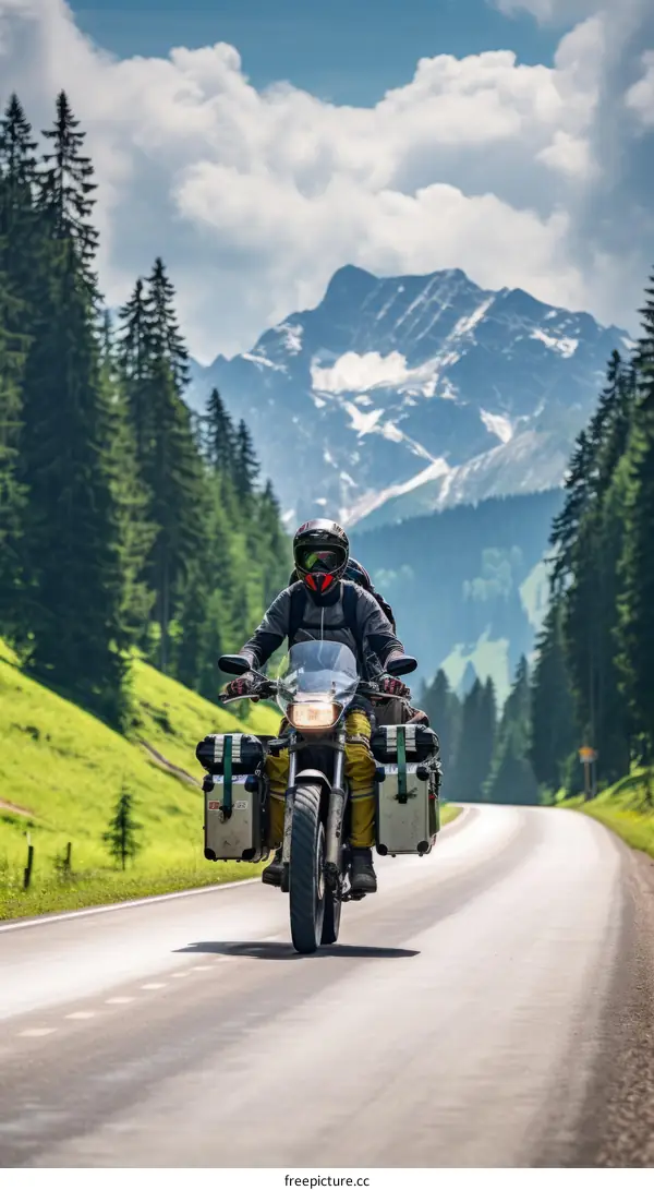 Motorcyclist riding on an asphalt road in the mountains