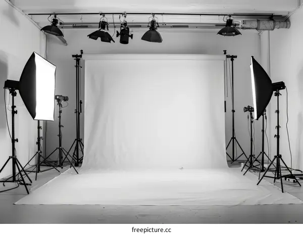 Black and white photo studio with white background and lighting equipment