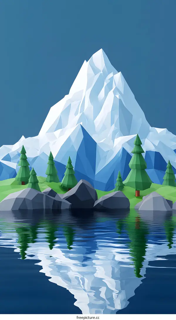 Low Poly Mountain Landscape with Reflection on Water