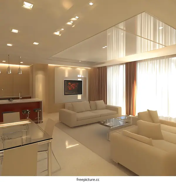 Modern Living Room Interior Design with White Sofa and Glass Table