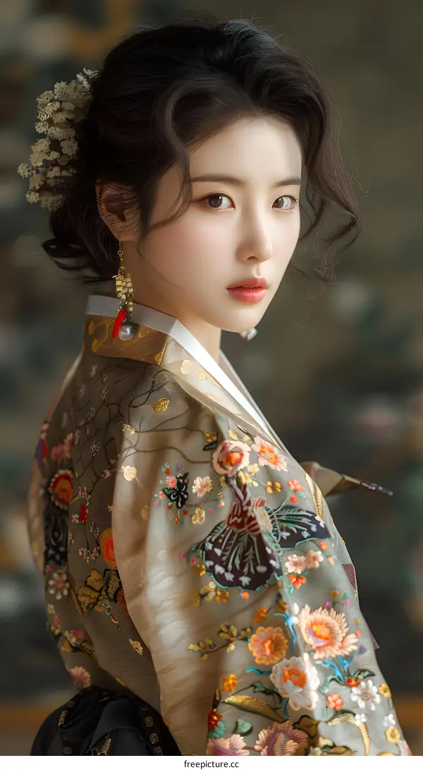 Portrait of a young woman in traditional Korean dress, or Hanbok