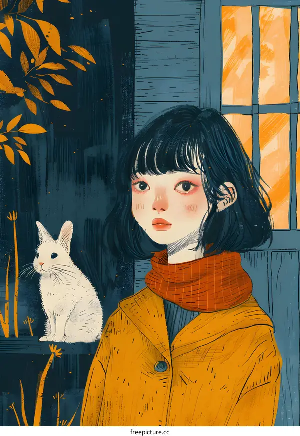 girl in yellow coat with white rabbit