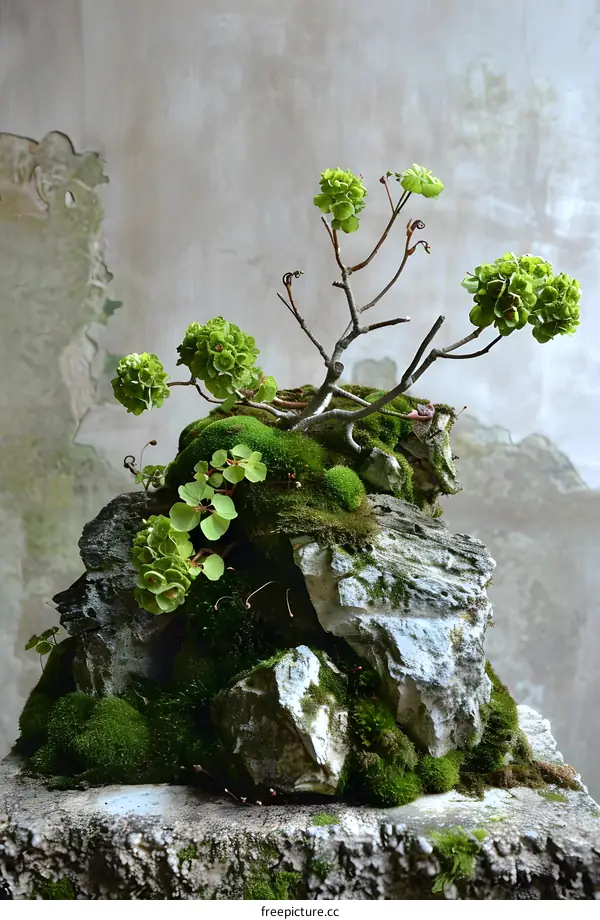 Green Moss and Small Tree on Grey Rocks