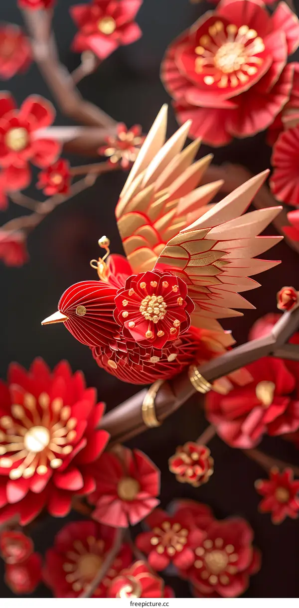 A red paper-cut bird with golden wings perches on a branch with red paper-cut flowers.