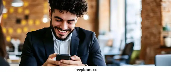Smiling Businessman Using Smartphone in Office