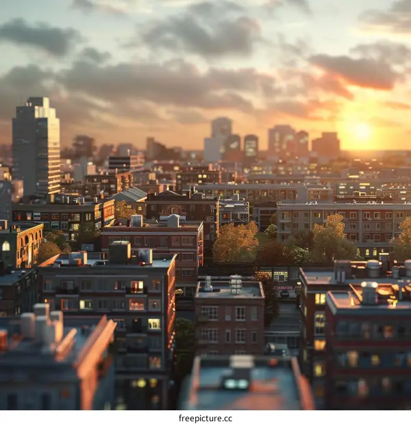 Small model city with sunset backdrop