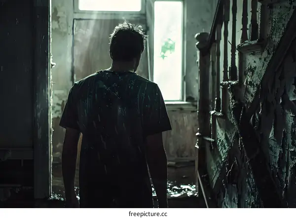 Man walking into an abandoned house