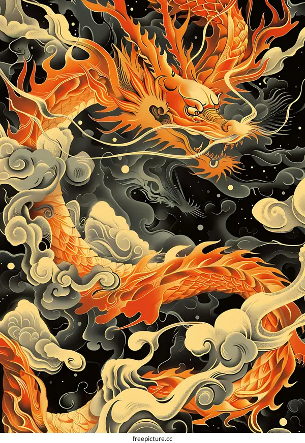 Traditional Japanese Dragon Illustration With Clouds