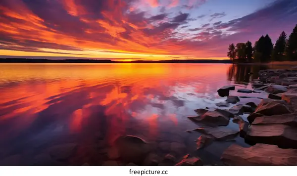 A vivid sunset over a calm lake, painting the sky with vibrant hues