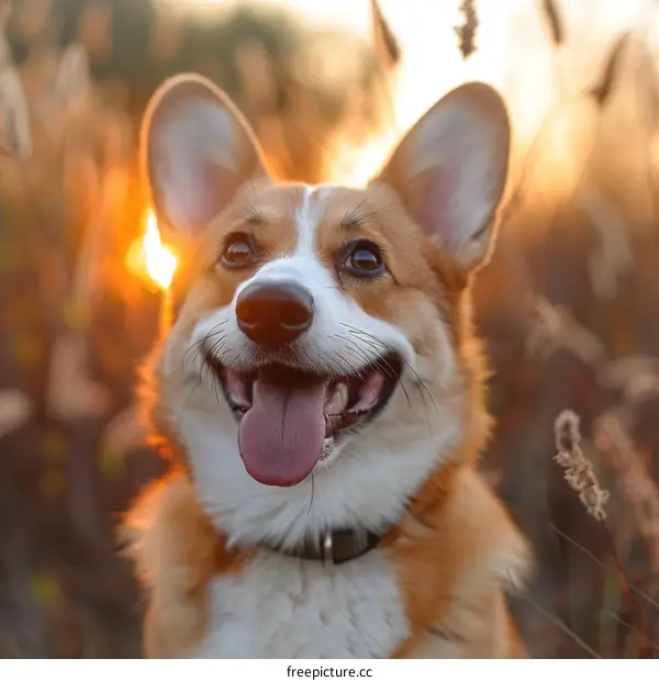 A happy looking corgi in a field of tall grass at sunset