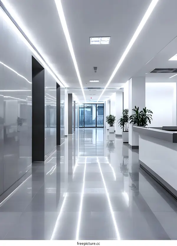 Modern Office Building Hallway with Glass Windows and White Walls