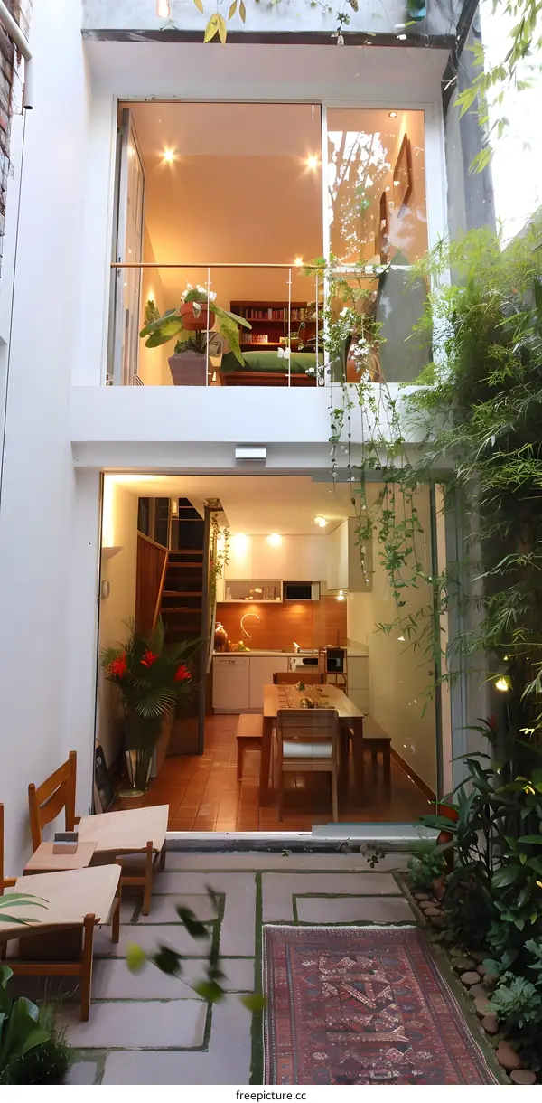 Modern Minimalist Patio Design with Glass Walls and  Green Plants